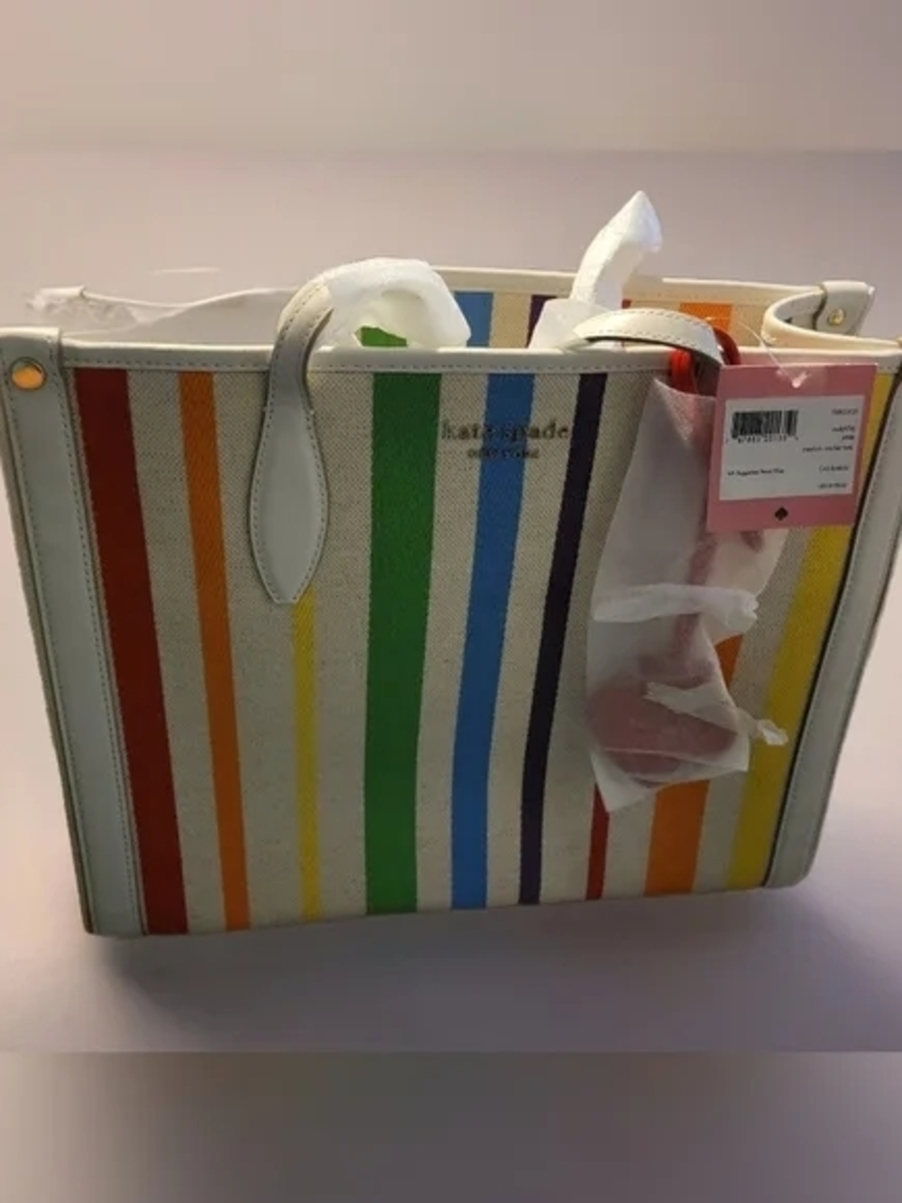 Kate Spade Tote Canvas Multicolor Vertical Stripe  with White Trim NWT Spring